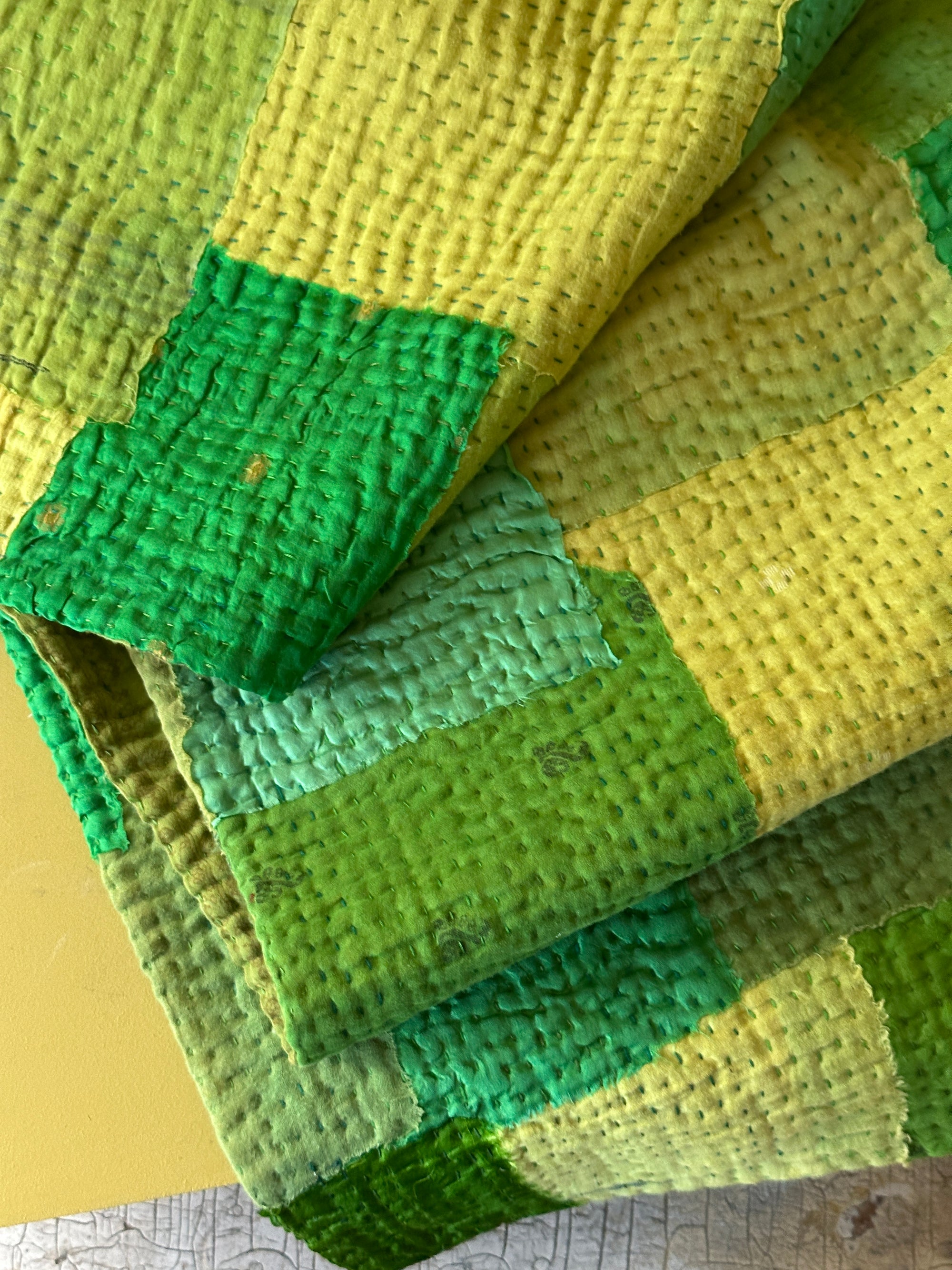 Mosaic Kantha Table Runner, Lime Green