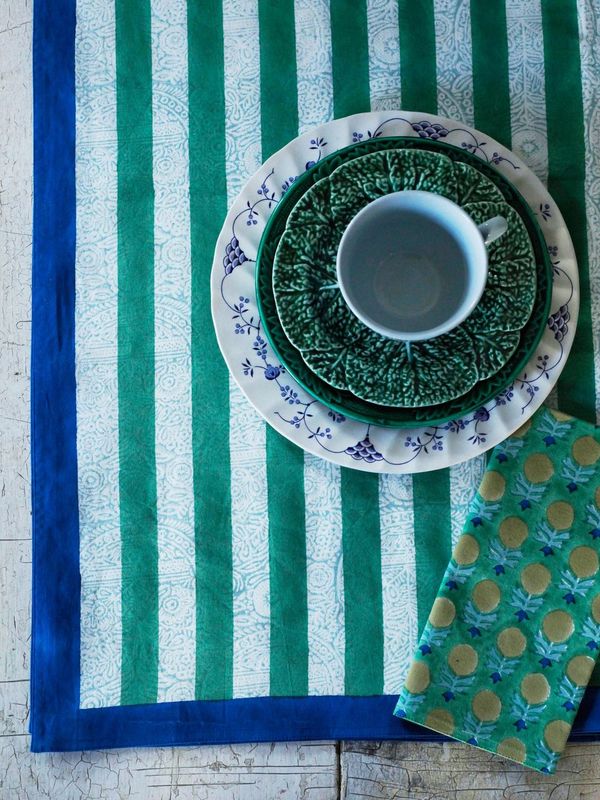 Green & Blue Stripe Block-Printed Table Cloth