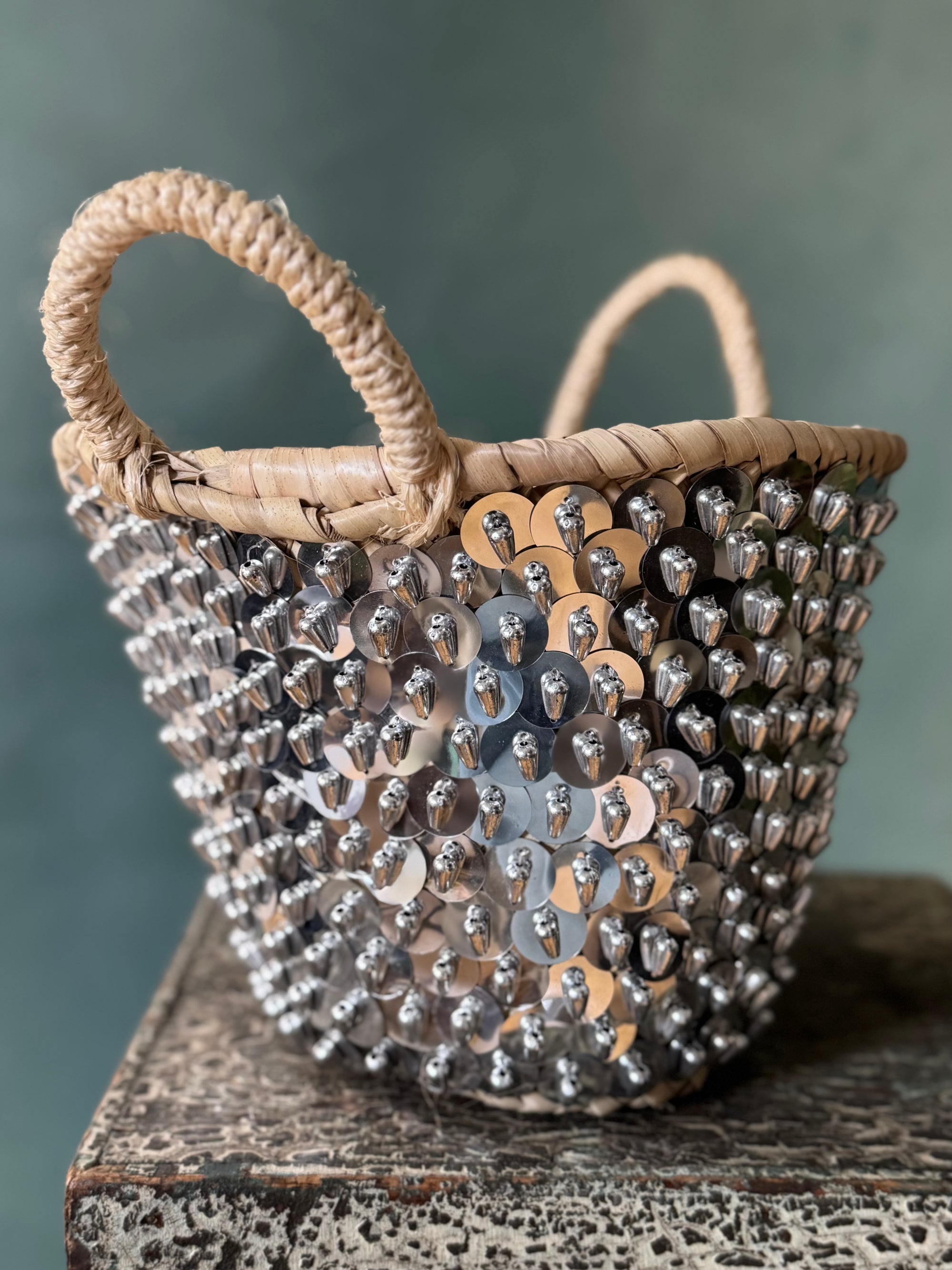 Silver Sequin Moroccan Straw Bag