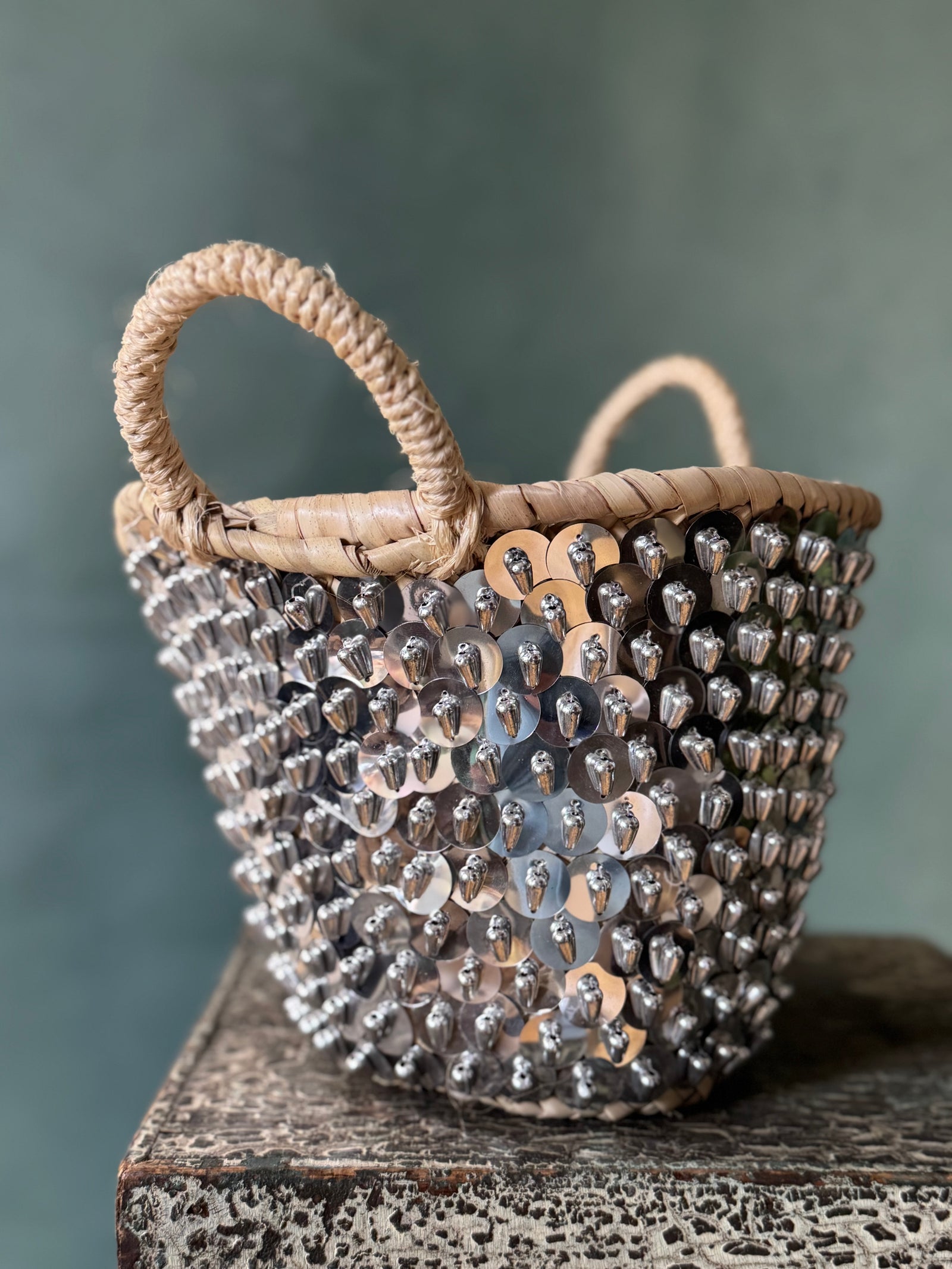Silver Sequin Moroccan Straw Bag