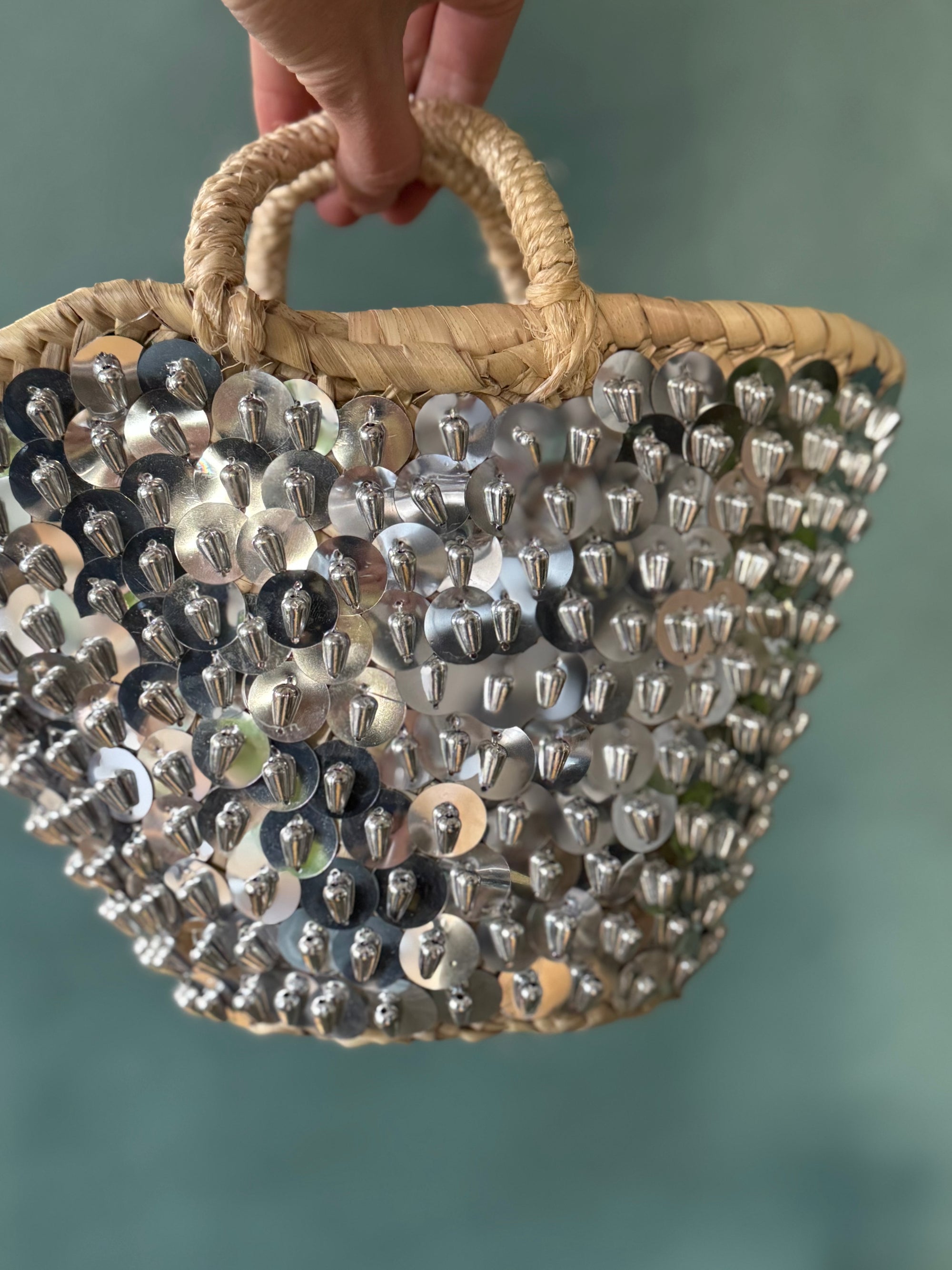 Silver Sequin Moroccan Straw Bag