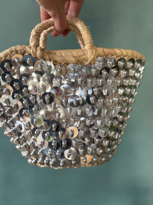 Silver Sequin Moroccan Straw Bag