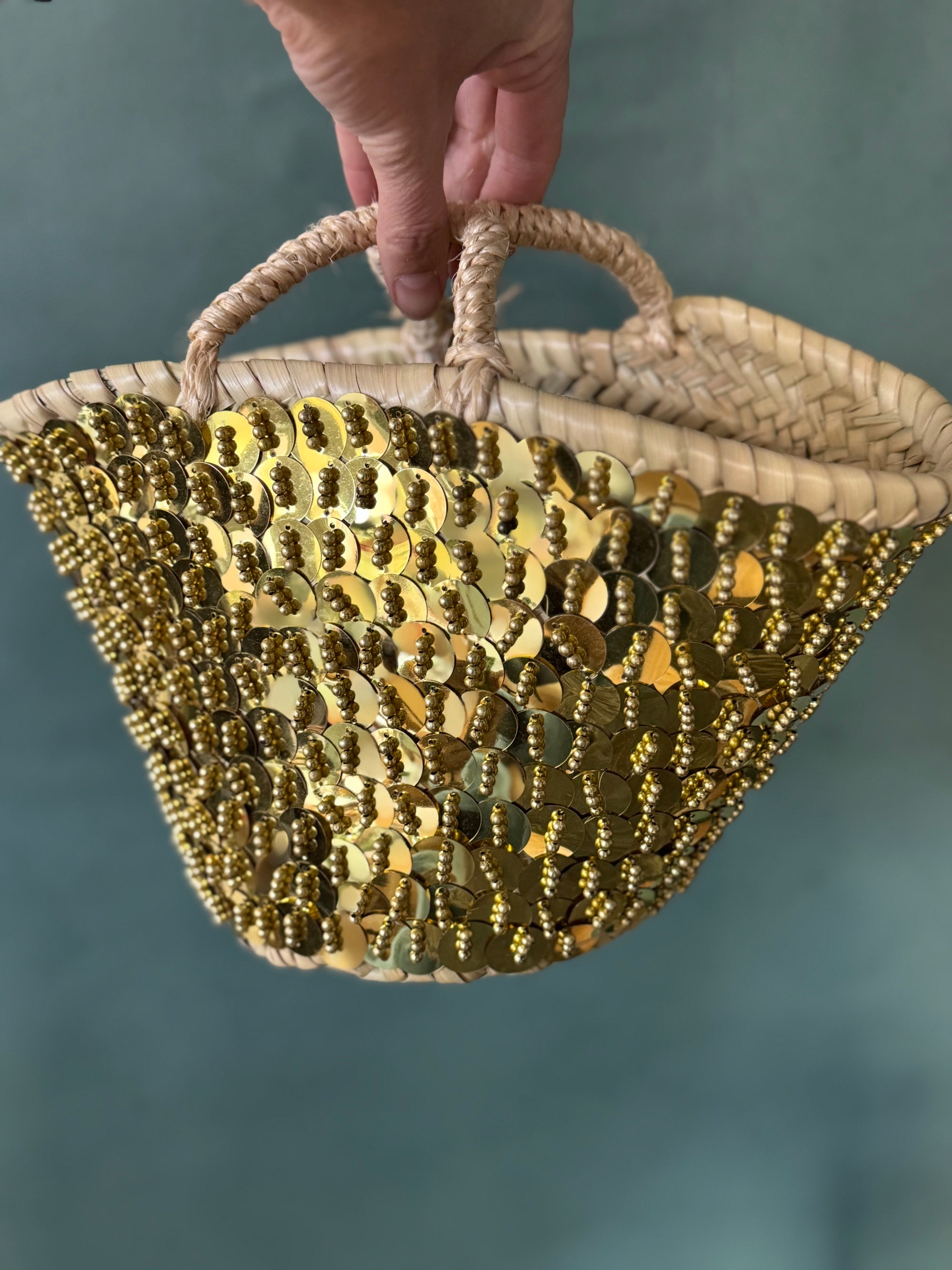 Gold Sequin Moroccan Straw Bag