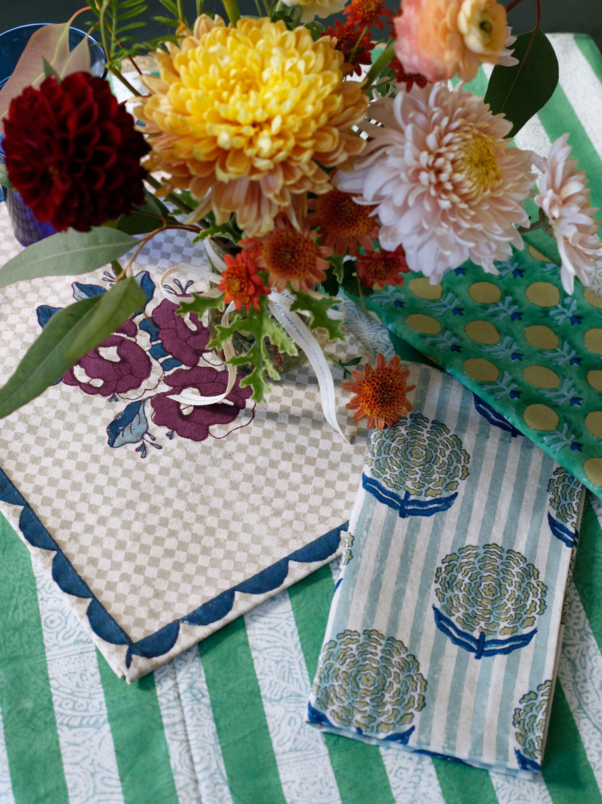 Green & Blue Stripe Block-Printed Table Cloth